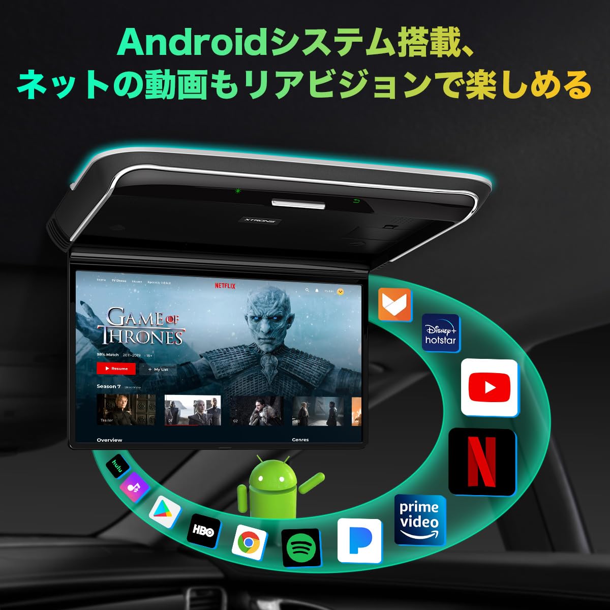 XTRONS Android フリップダウンモニター 14インチ 大画面車載モニター 1920*1080解像度 アンドロイド リアモニター HDMI入力 RCA入力 スクリーミラーリング スピーカー内蔵 ドア連動 USB CM141A