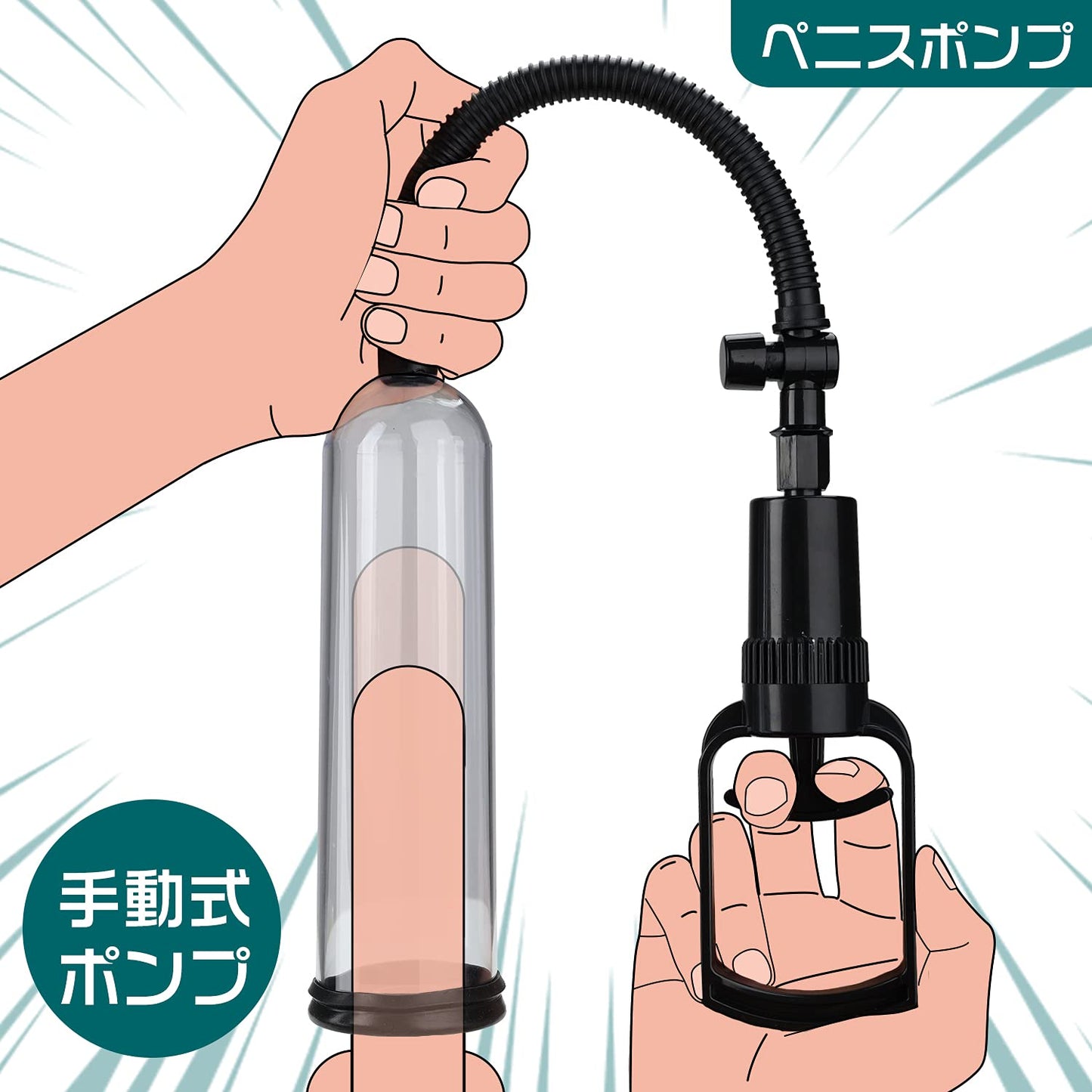 ペニスポンプ 真空陰茎ポンプ 手動式 つぼ指圧棒式 強力吸引 吸圧式器具 携帯便利 軽量 男性用 替えヘッド2つ付き 大人のおもちゃ  [アダルト]