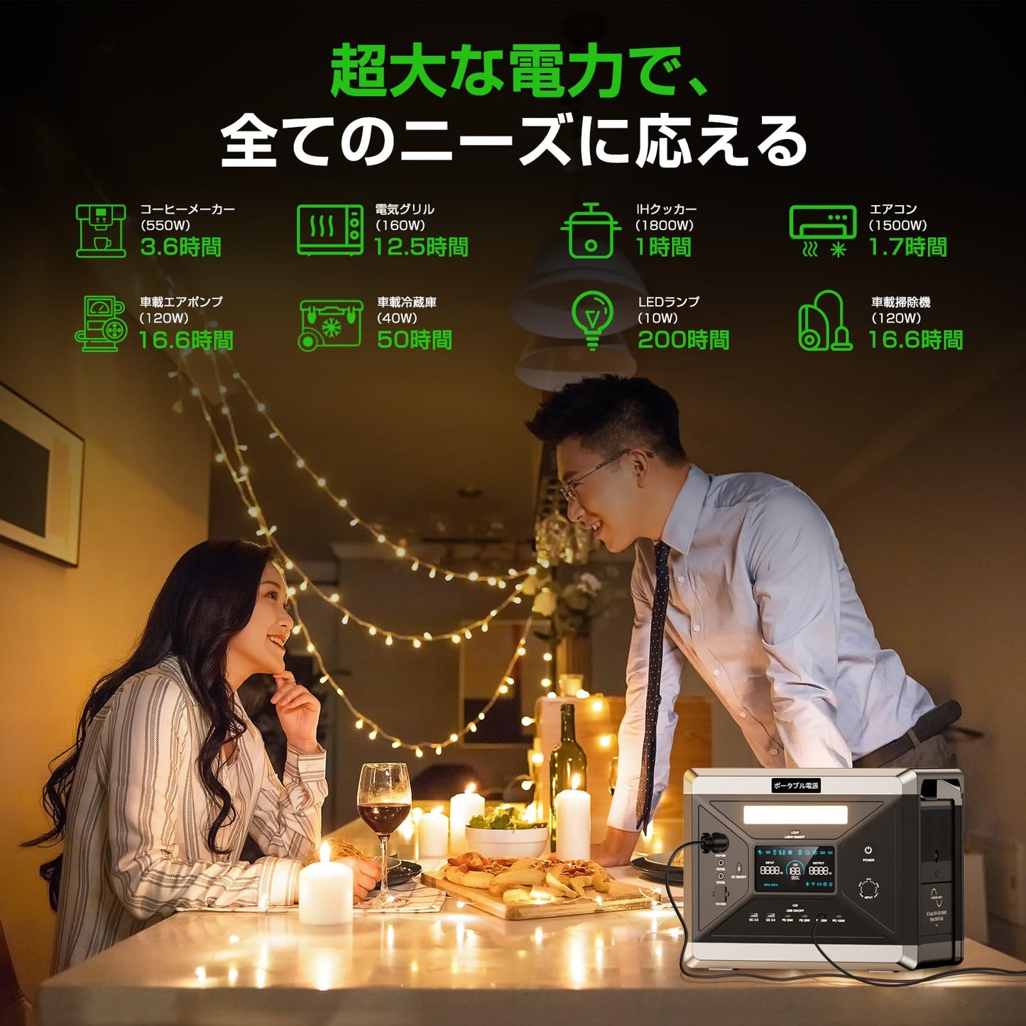 ポータブル電源 2400W 大容量 2160Wh AC出力1100W 急速充電 1.5時間フル充電 4通りの充電方法 16台のデバイスを同時充電 家庭用 蓄電池 発電機 ポータブル バッテリー 家庭アウトドア両用バックアップバッテリー キャンプ/車中泊/防災グッズ 節電対策 防災グッズ 停電対策（灰）