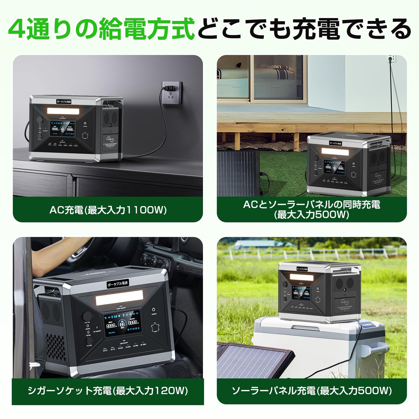 ポータブル電源 2400W 大容量 2160Wh AC出力1100W 急速充電 1.5時間フル充電 4通りの充電方法 16台のデバイスを同時充電 家庭用 蓄電池 発電機 ポータブル バッテリー 家庭アウトドア両用バックアップバッテリー キャンプ/車中泊/防災グッズ 節電対策 防災グッズ 停電対策（灰）