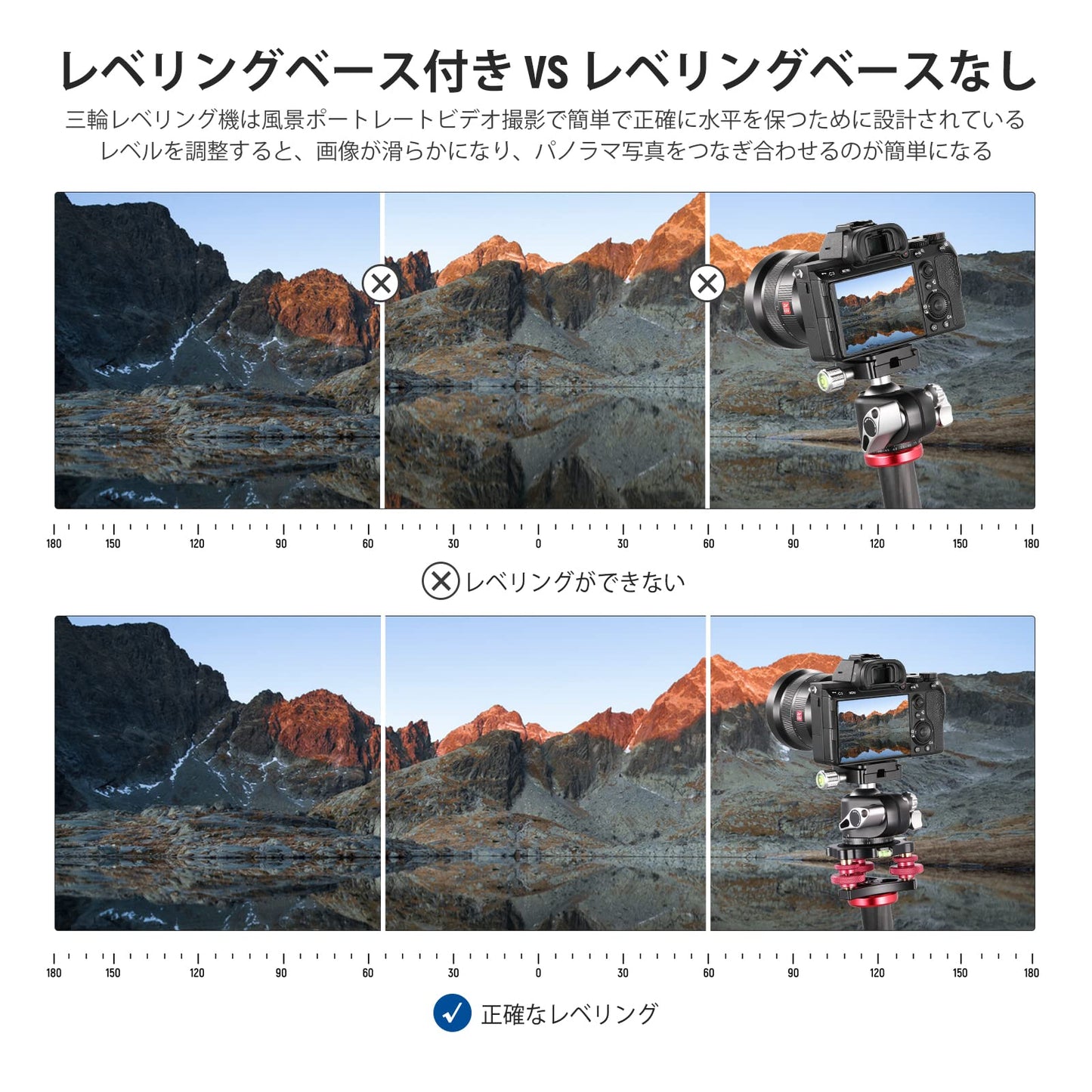 NEEWER 三脚ヘッド レベリングベースカメラレベラー 三脚精密レベラー 航空機グレードアルミニウム合金製 3軸トライホイールヘッド 3/8"スレッド +/-5°の正確な角度調整 マクロパノラマ写真用 LP68