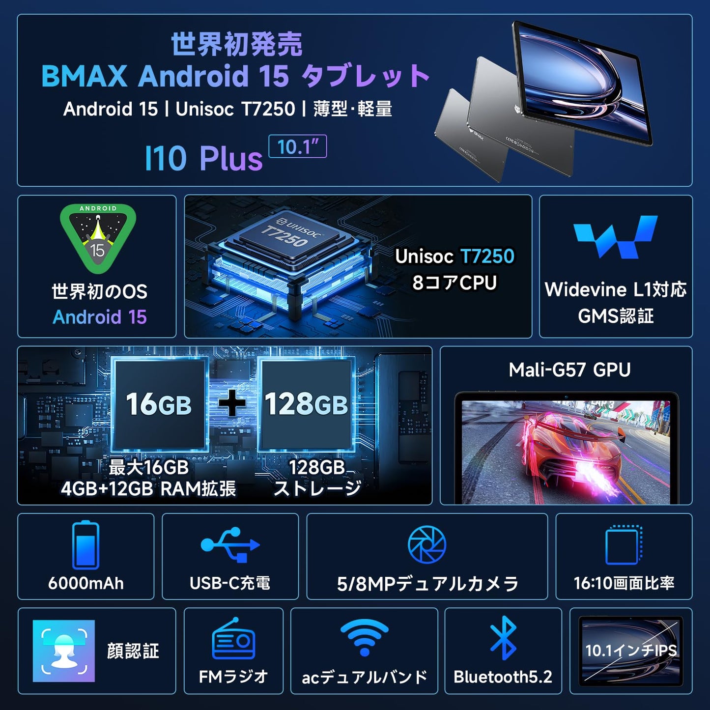 【Android 15 タブレット 初登場】Bmax I10 Plus アンドロイド 15 タブレット 10インチ、16GB+128GB+1TB拡張、WidevineL1 Netflix対応、8コアCPU T7250 tablet、6000mAh+Type-C充電+5GWiFi+BT5.2、OTG+顔認識+無線投影+画面分割+FMラジオ、Android 15 10インチ wi-fiモデル