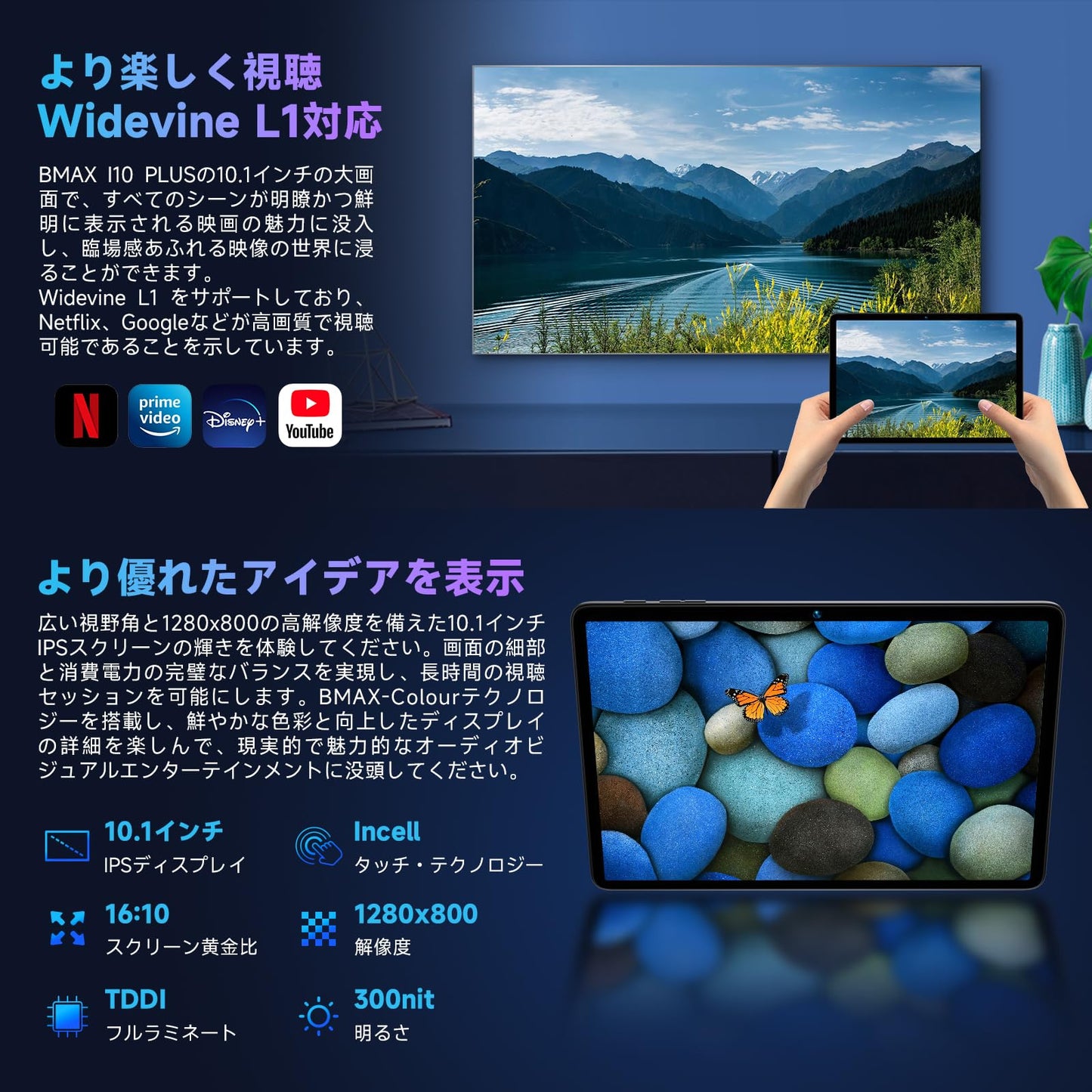【Android 15 タブレット 初登場】Bmax I10 Plus アンドロイド 15 タブレット 10インチ、16GB+128GB+1TB拡張、WidevineL1 Netflix対応、8コアCPU T7250 tablet、6000mAh+Type-C充電+5GWiFi+BT5.2、OTG+顔認識+無線投影+画面分割+FMラジオ、Android 15 10インチ wi-fiモデル