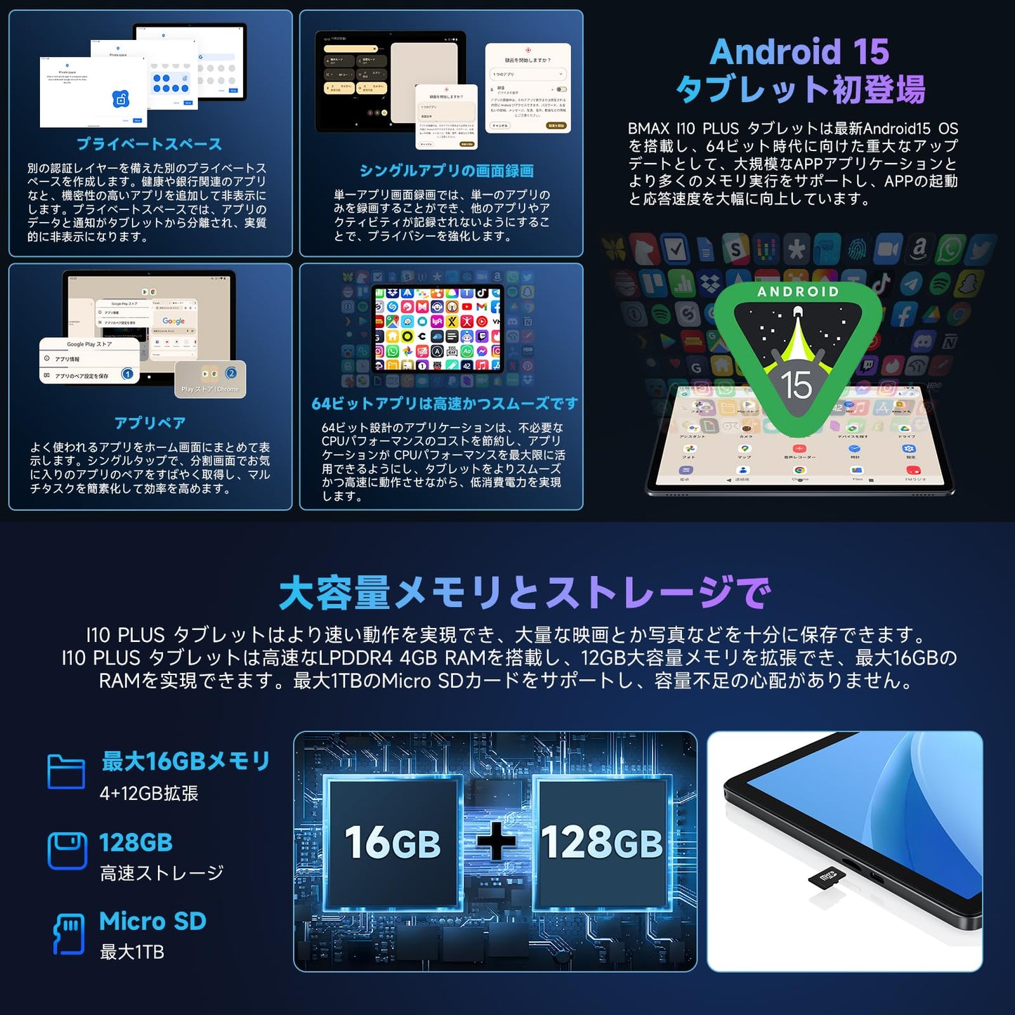 【Android 15 タブレット 初登場】Bmax I10 Plus アンドロイド 15 タブレット 10インチ、16GB+128GB+1TB拡張、WidevineL1 Netflix対応、8コアCPU T7250 tablet、6000mAh+Type-C充電+5GWiFi+BT5.2、OTG+顔認識+無線投影+画面分割+FMラジオ、Android 15 10インチ wi-fiモデル