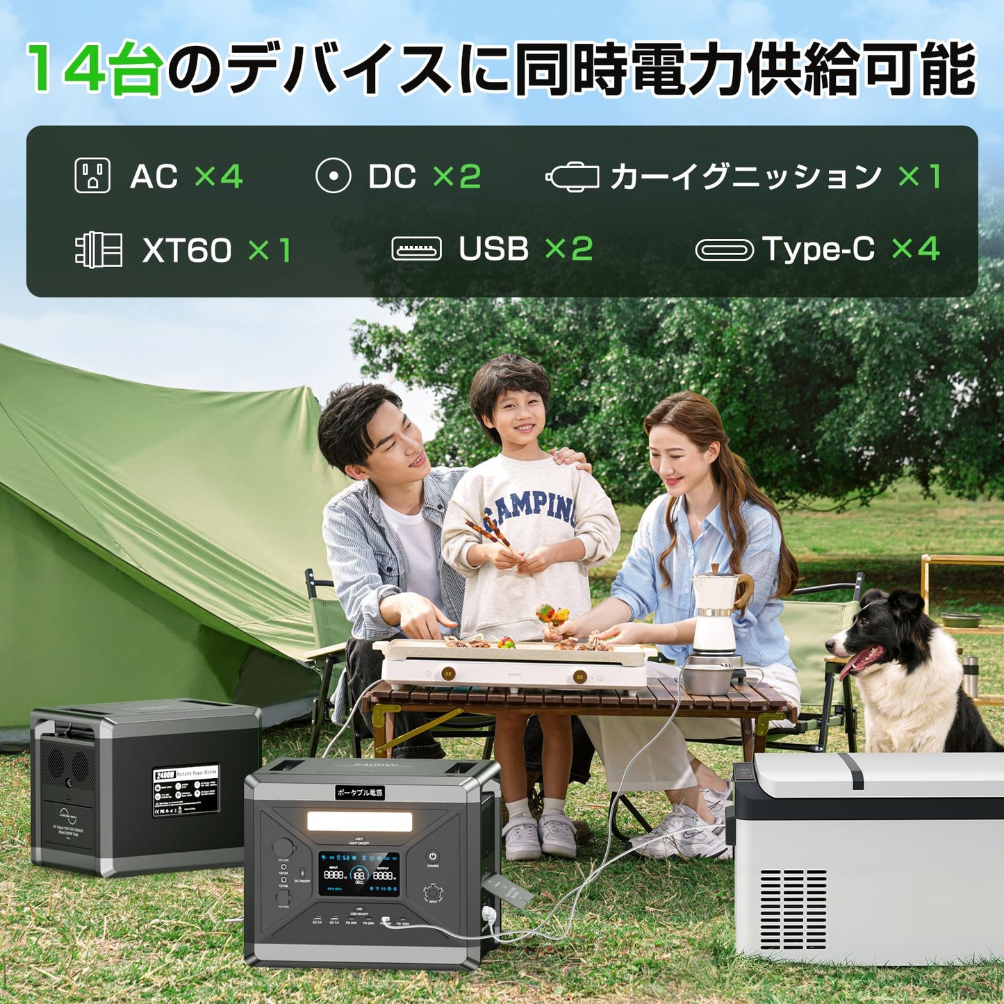 ポータブル電源 2400W 大容量 2160Wh AC出力1100W 急速充電 1.5時間フル充電 4通りの充電方法 16台のデバイスを同時充電 家庭用 蓄電池 発電機 ポータブル バッテリー 家庭アウトドア両用バックアップバッテリー キャンプ/車中泊/防災グッズ 節電対策 防災グッズ 停電対策（灰）