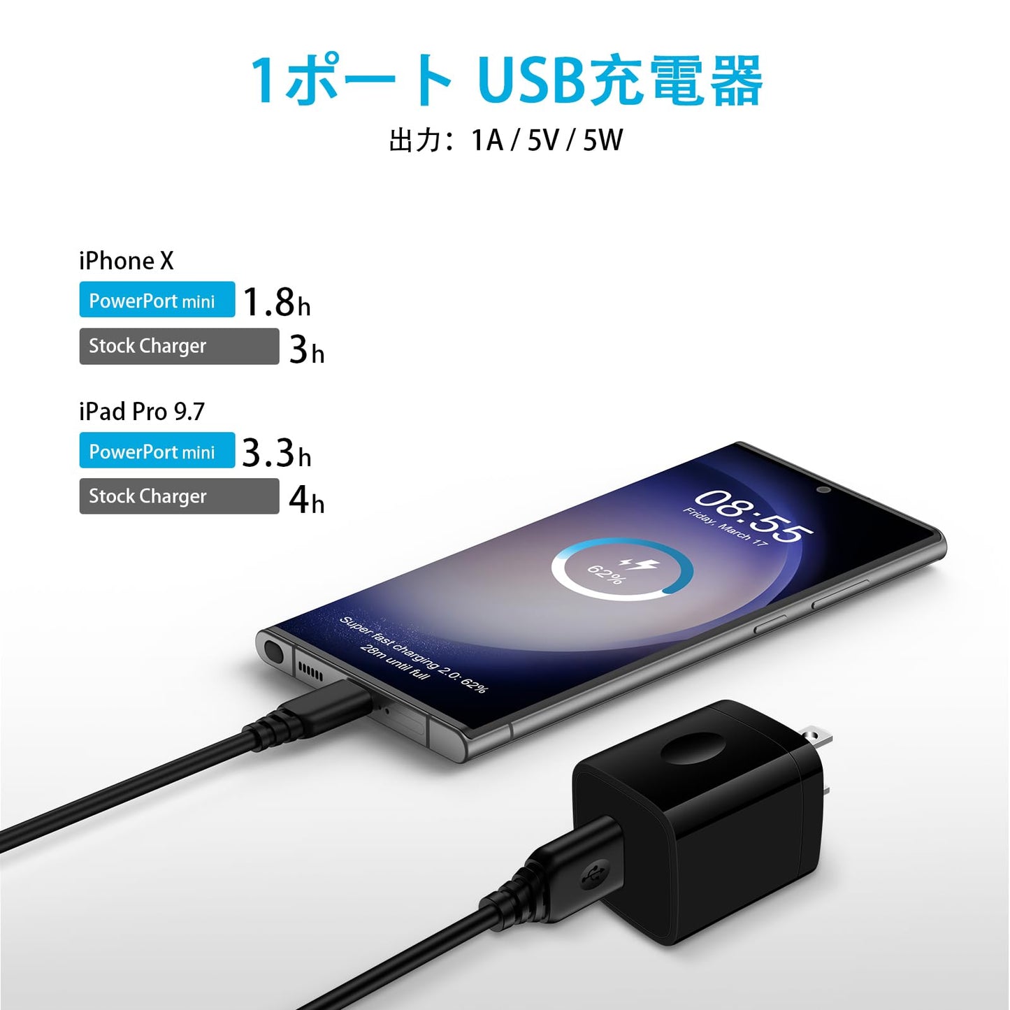 USB 充電器 5V/1A ACアダプター USB コンセント 1ポート/小型/軽量/PSE認証 充電アダプター iPhone 充電器 Android スマホ 充電器 携帯充電器 iPhone11/11Pro/11Pro Max/X/Xs/Xr/Xs Max/8/8plus/SE(第1世代)、iPad、Galaxy、HuaWei、などiphone&Android各種対応(全黒)