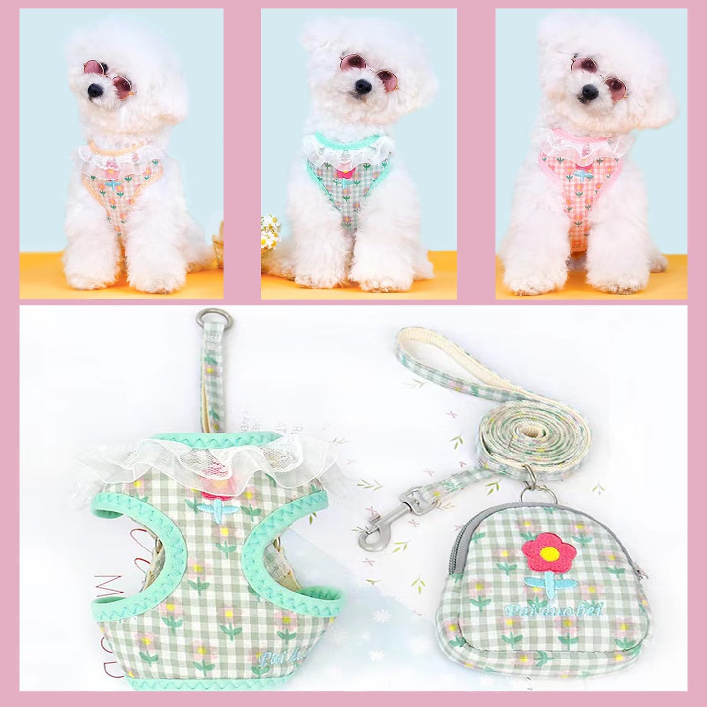 犬用ハーネス - 小型犬 猫 用ハーネス＆リードセット 通気性、簡単着脱、調節可能、安全ハンドル