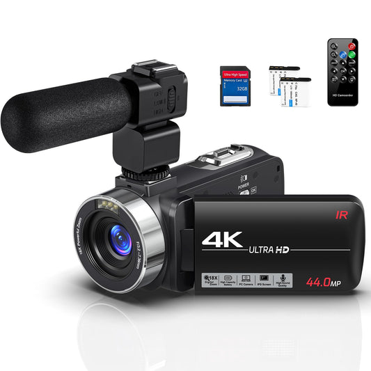 ビデオカメラ 4K録画 4400万画素 カメラ 3.0インチIPS HDスクリーン 18倍デジタルズーム IRナイトビジョン 270度回転可能 画面 自撮り 32GBマイクロSDカード MIC 8外部マイク リモコン リチウムイオン電池 付き