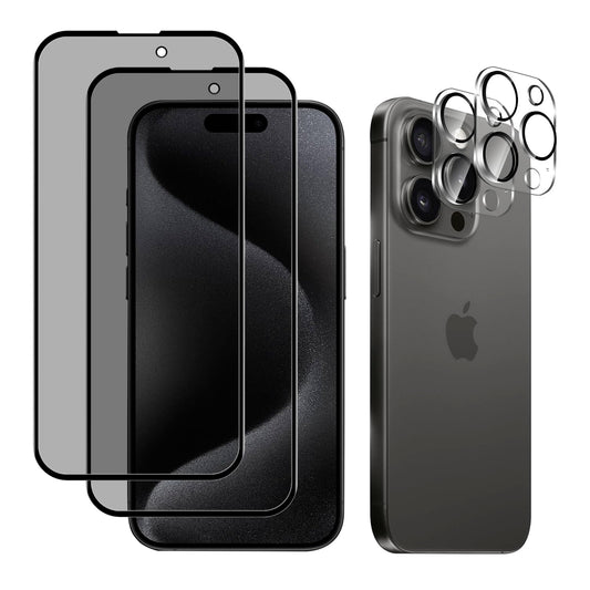 4枚セット】iPhone 15 Pro 対応 ガラスフィルム 覗き見防止フィルム2枚 +カメラフィルム 2枚 防塵 保護 フィルム 硬度 9H 指紋防止 自動吸着 気泡防止 飛散防止 のぞきみ防止 強化ガラス 液晶保護フィルム