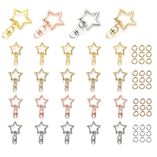 星 ナスカン キーホルダー金具 24個セット 回転カン付き 丸カン付き ワンタッチキーホルダー カワイイ DIY用パーツ 手作り 手芸用品 ハンドメイド キーリング アクセサリー 全長42mm(4色)