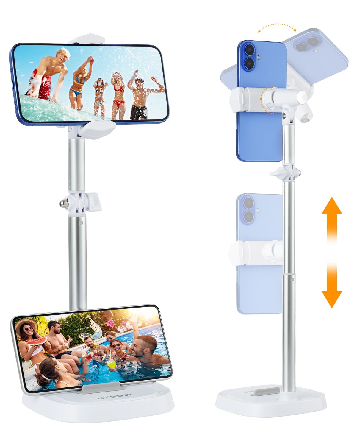 マホスタンド 30-45cm スマホホルダー 配信 卓上 自由回転可能 スマホ撮影スタンド 高度調整可能 ケータイスタンド 伸縮 iphone スタンド 携帯置き 俯瞰撮影 角度調整 携帯電話ホルダー 横/縦置き 片手操作 滑り止め iphone/Android 対応 タブレット両用 白