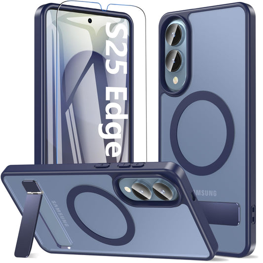 Galaxy s25 edge ケース MagSafe対応 スタンド&9H強化ガラスフィルム付き マグネット搭載 半透明 耐衝撃 指紋防止 黄ばみ防止 ワイヤレス充電対応 スマホケース おしゃれ 人気 ギャラクシーs25 edge ケース