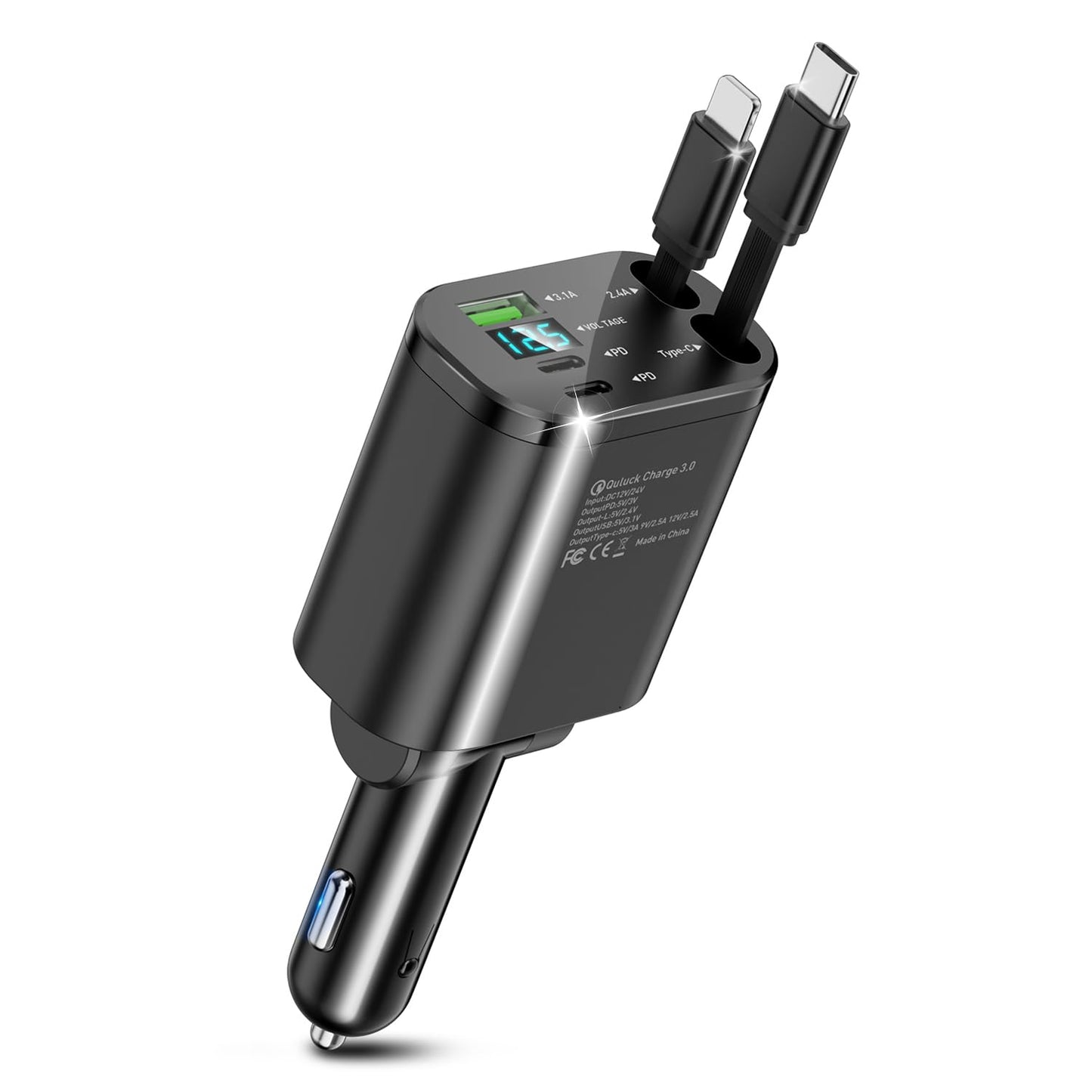 シガーソケット 【100W 急速充電 巻き取り式】5in1 車 充電器 USB & USB-C & Type-C 充電ケーブル 5台同時充電 巻き取り式 LED付オー電圧測定 iPhone 16/15/14/13/12/10/9,Galaxy スマートフォン/タブレット 車載充電器