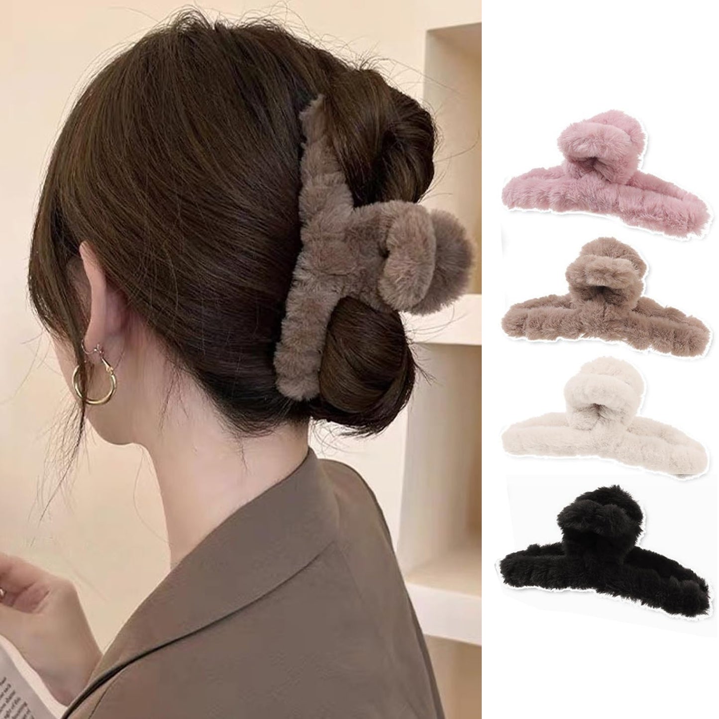 ヘアクリップ  4色 大きめ もふもふ しっかりとまる 濃密な髪も使用でき ヘアアクセサリー 大人 おしゃれ シンプル 可愛い 通勤 出掛け プレゼント