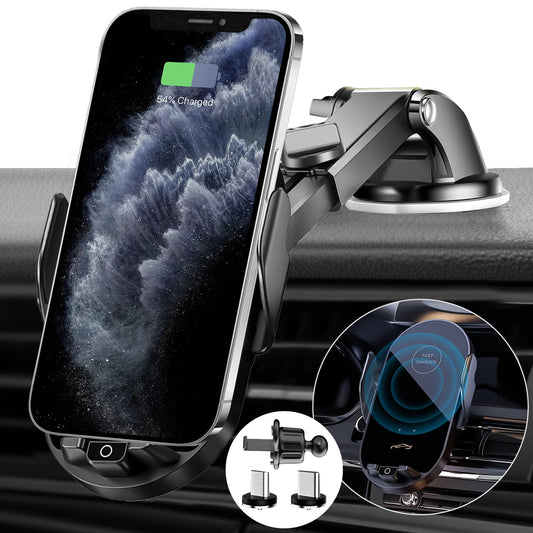 車載ワイヤレス充電器 スマホホルダー 車 15W 急速【最大66Wの有線充電】粘着ゲル吸盤＆送風口兼用 自動開閉 全車種対応 片手操作 取付簡単 iPhone16/15 /14/13/12 / 11 /X/XS/XR / 8 /シリーズ Samsung S8 / S9 / S10 などqi機種対応 日本語説明書付き 磁気ヘッド付属*2