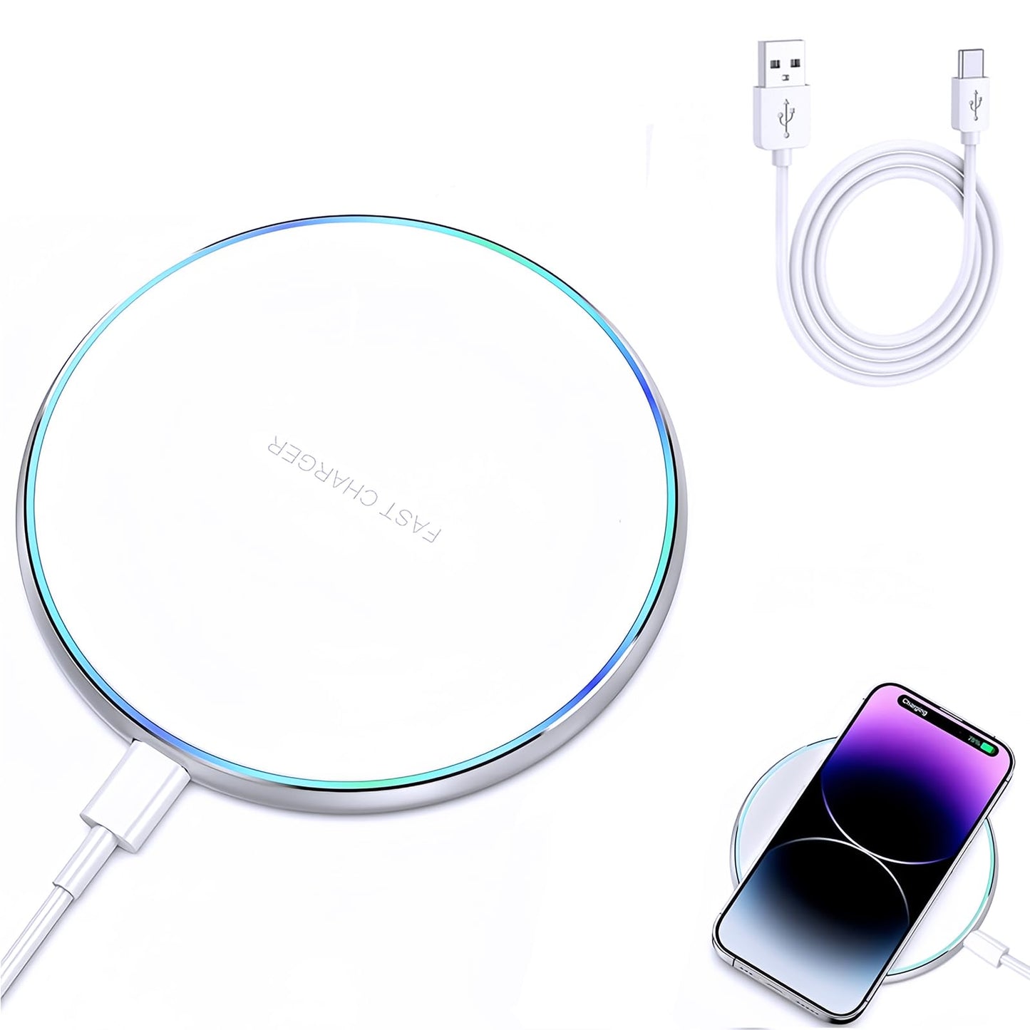 ワイヤレス充電器 Qi認証 無線充電器 最大15W出力 USB Type-Cポート ワイヤレス 充電 置く だけ 充電 i-Phone 16/15/14/13/12 シリーズ/Xs/AirPods2/AirPods Pro 他のQi対応の機種（ホワイト）