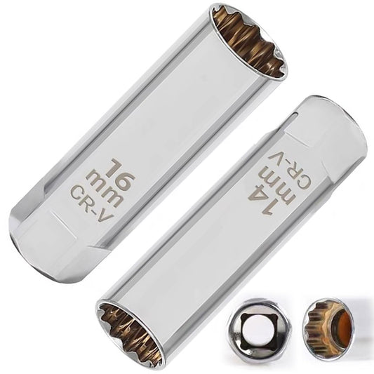 プラグレンチ 磁気ジ ジョイントユニバーサルソケット 2個セット (14mm +16mm) 12角薄壁 3/8(9.5mm)挿入角 ロープロファイル 輸入車などのプラグ交換用