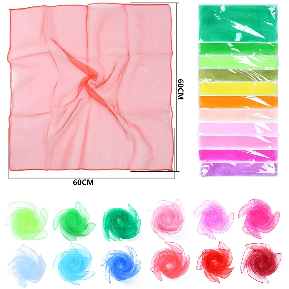 オーガンジー布 12色セット（60*60cm）知育玩具 子供の手遊び モンテッソーリ おもちゃ 音楽教室 ダンス教室 体操 リズム運動 リハビリ リトミックダンススカーフ 知育 髪飾り 柔らかい
