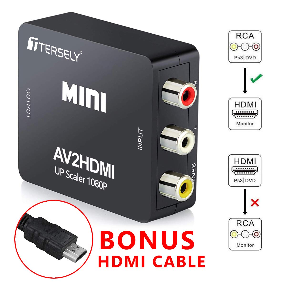 変換コンバーター AV to HDMI 変換コンバーター RCA コンポジット （赤、白、黄） 3色端子 hdmi 変換アダプタ 1080P/720P切り替え RCA to HDMI 変換器 AV to HDMI 変換器 PAL/NTSCサポート TV/PC/PS3/STB/Xbox VHS/VCR/Blue-Ray DVD Players Upscaling対応
