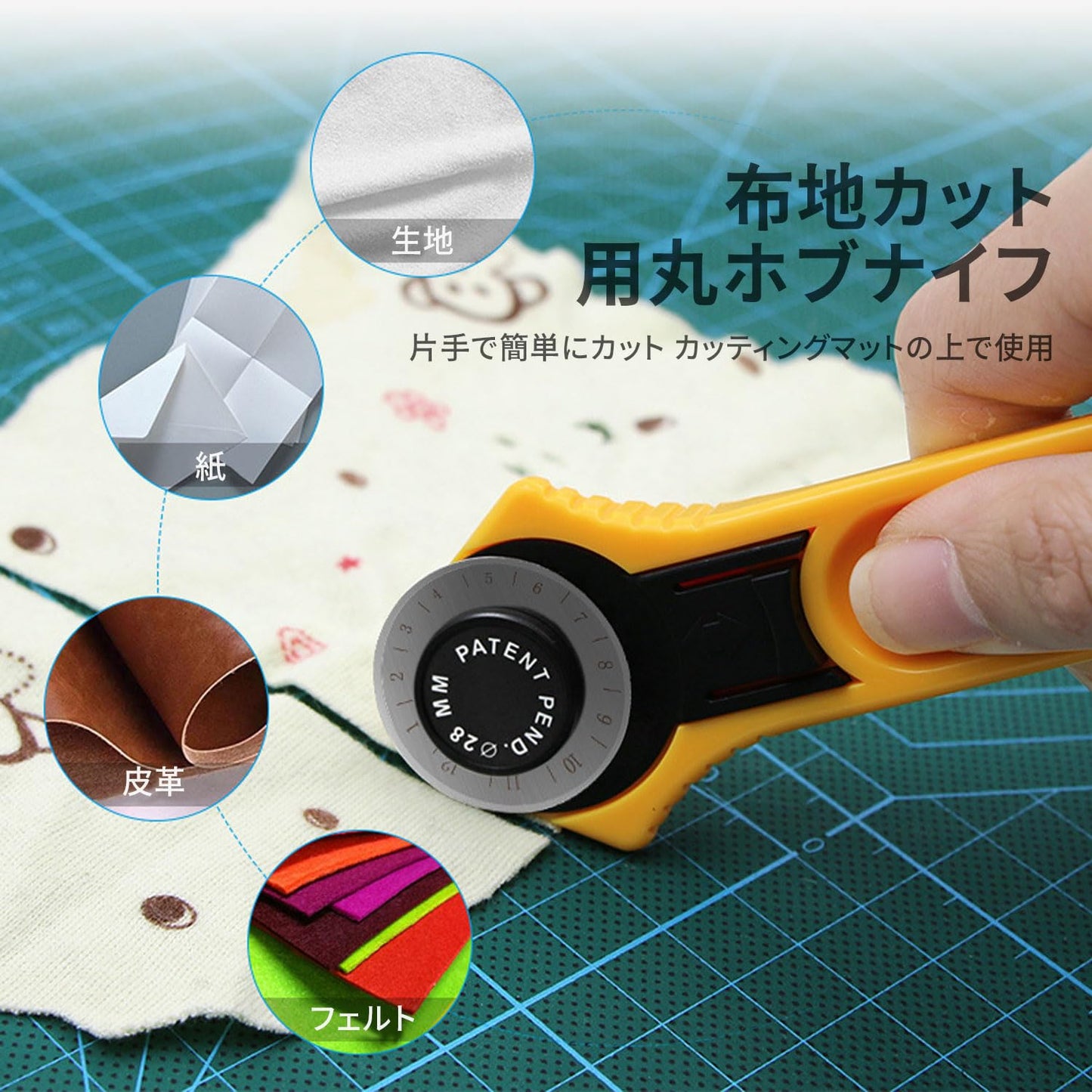 ローラーカッター 28mm 裁縫用ロータリーカッター 丸刃 回転刃 耐久性 ワンタッチレバー付き 手芸 DIY 布 シネマ 紙 (イエロー)