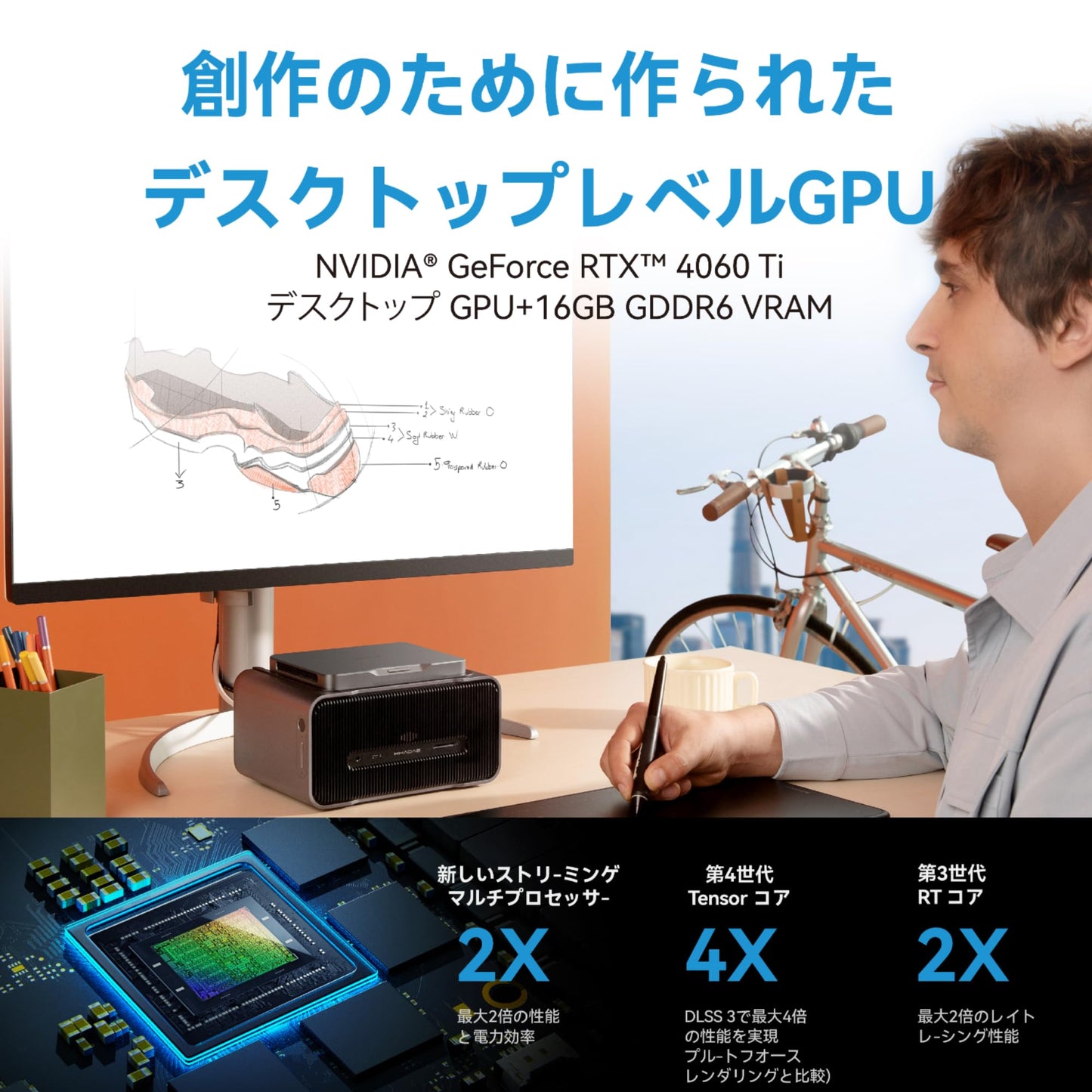 RTX 4060 Ti 16GB GDDR6, Ada Lovelaceアーキテクチャ、内蔵スピーカーシステム、300W電源ユニット、AIGCの作成とデスクセットアップ用に作られた高度に統合された外部グラ