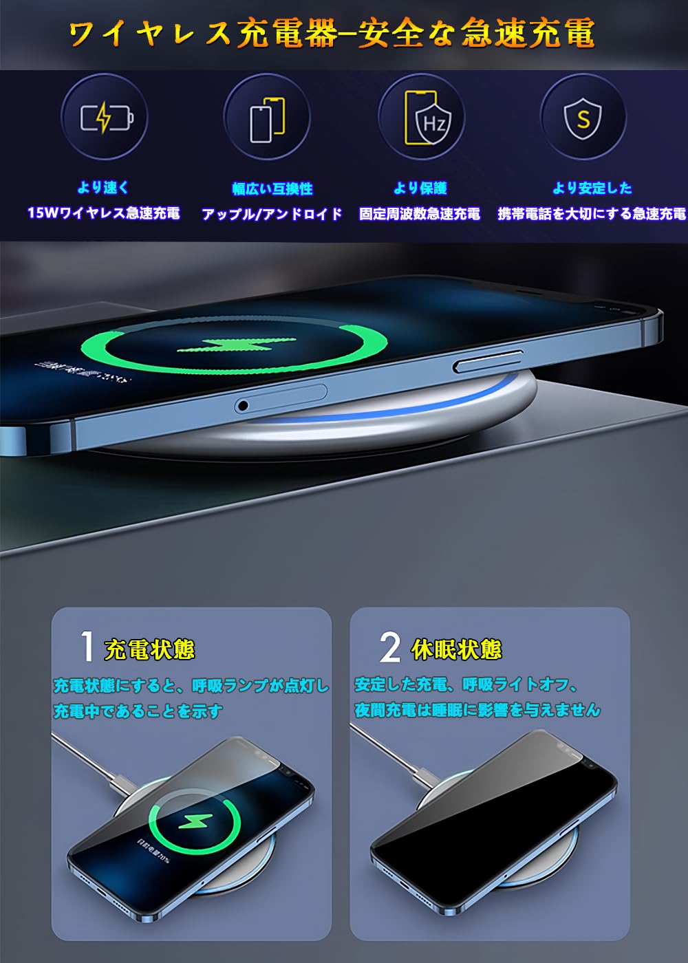 ワイヤレス充電器 Qi認証 無線充電器 最大15W出力 USB Type-Cポート ワイヤレス 充電 置く だけ 充電 i-Phone 16/15/14/13/12 シリーズ/Xs/AirPods2/AirPods Pro 他のQi対応の機種（ホワイト）