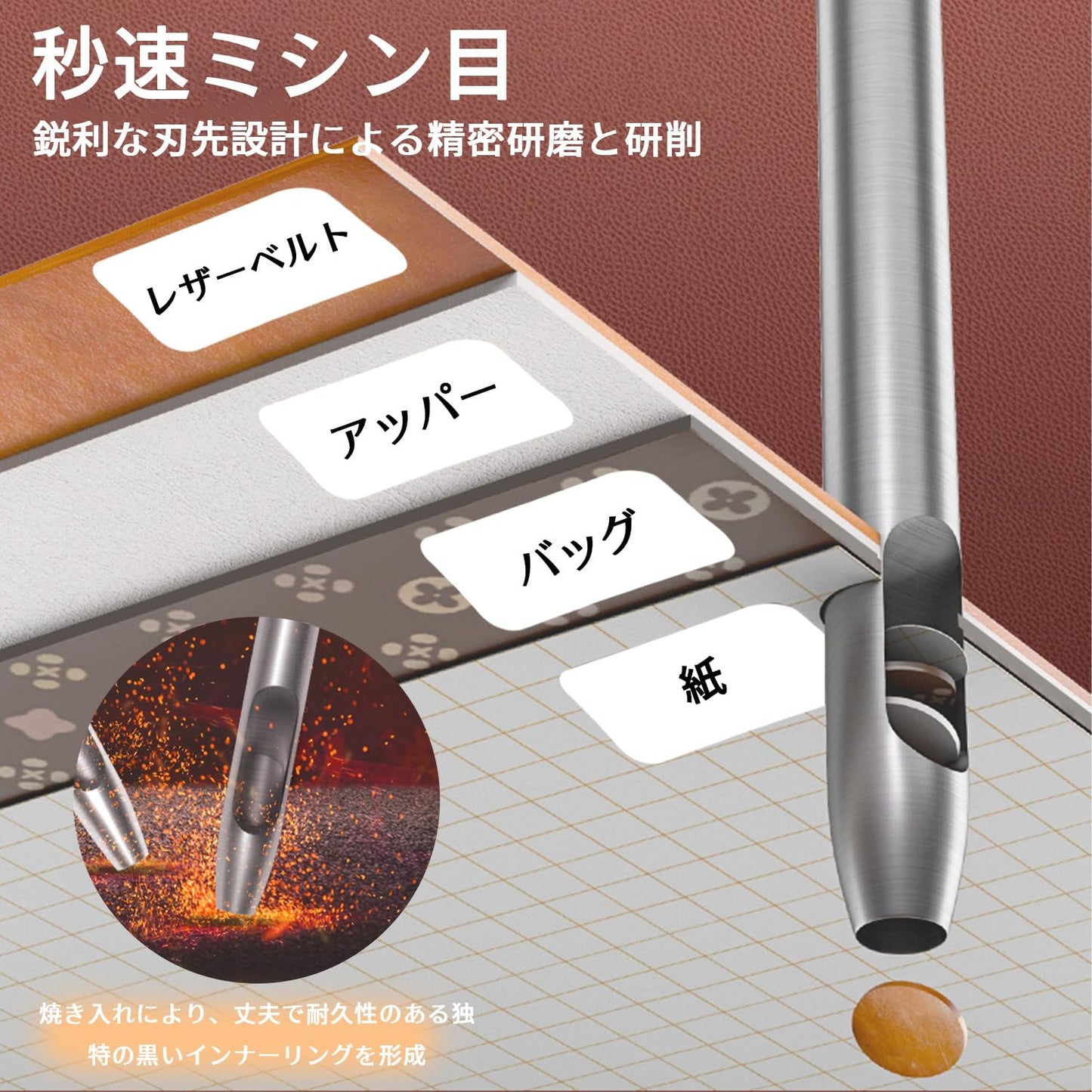 ポンチ ベルト 穴あけ 10サイズセット 0.5mm/0.8mm/1mm/1.2mm/1.5mm/2mm/2.5mm/3mm/3.5mm/4mm レザーパンチ ハトメ抜き スチール製 中空 円型 打ち具 革製品 財布 ベルト バッグ 紙 ゴム 手作り DIY 工具