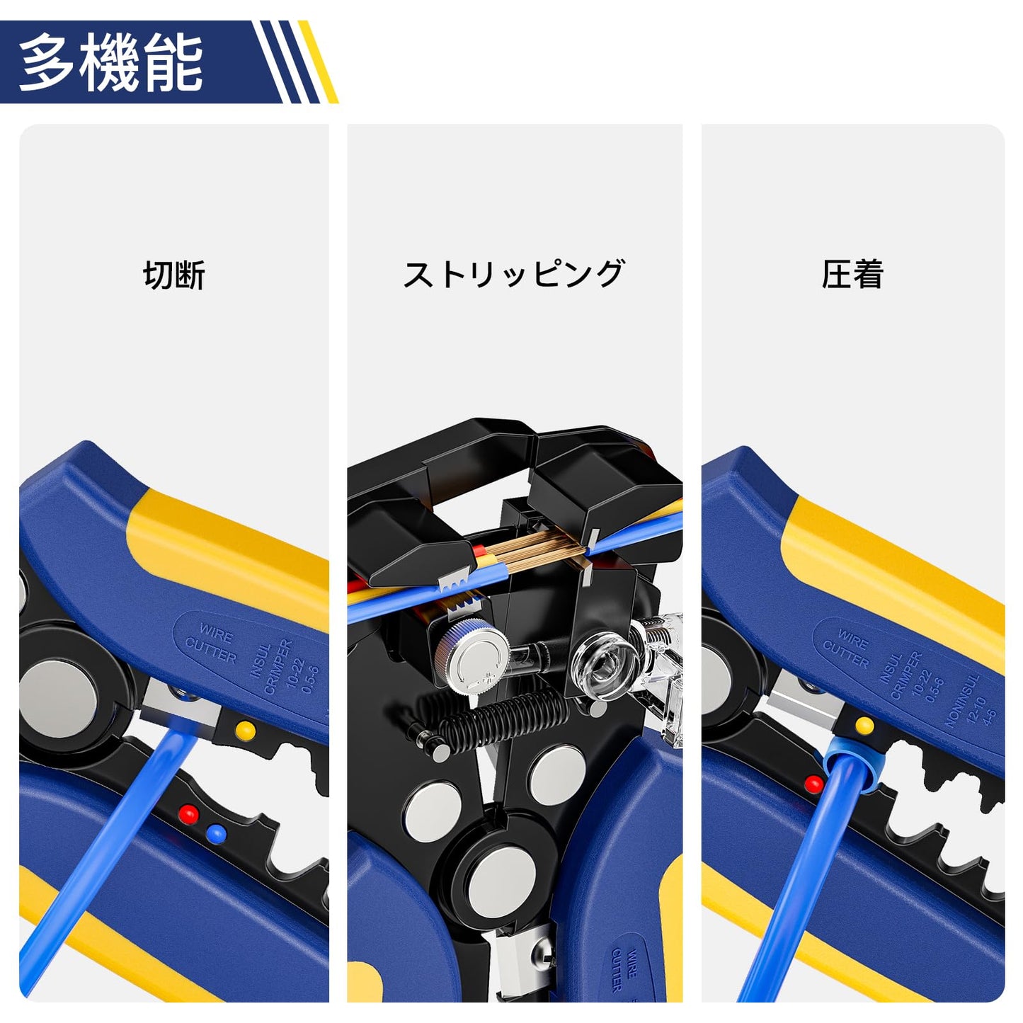 ワイヤーストリッパー 自動調節、3 in 1 ストリッパー/カッター/圧着ヘビーデューティー自動電気ワイヤーストリッパー 10-24 AWG用(0.2~5.26mm²)