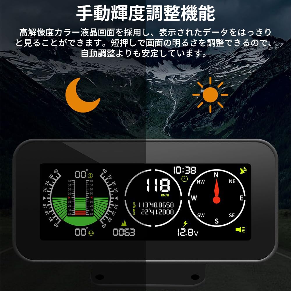 ヘッドアップディスプレイ gps 多機能メーター gps 速度計 車載 高度計 傾斜計 車 時計 車両勾配計 gps スピードメーター 過速度警告搭載 疲労運転警報 DC12V対応