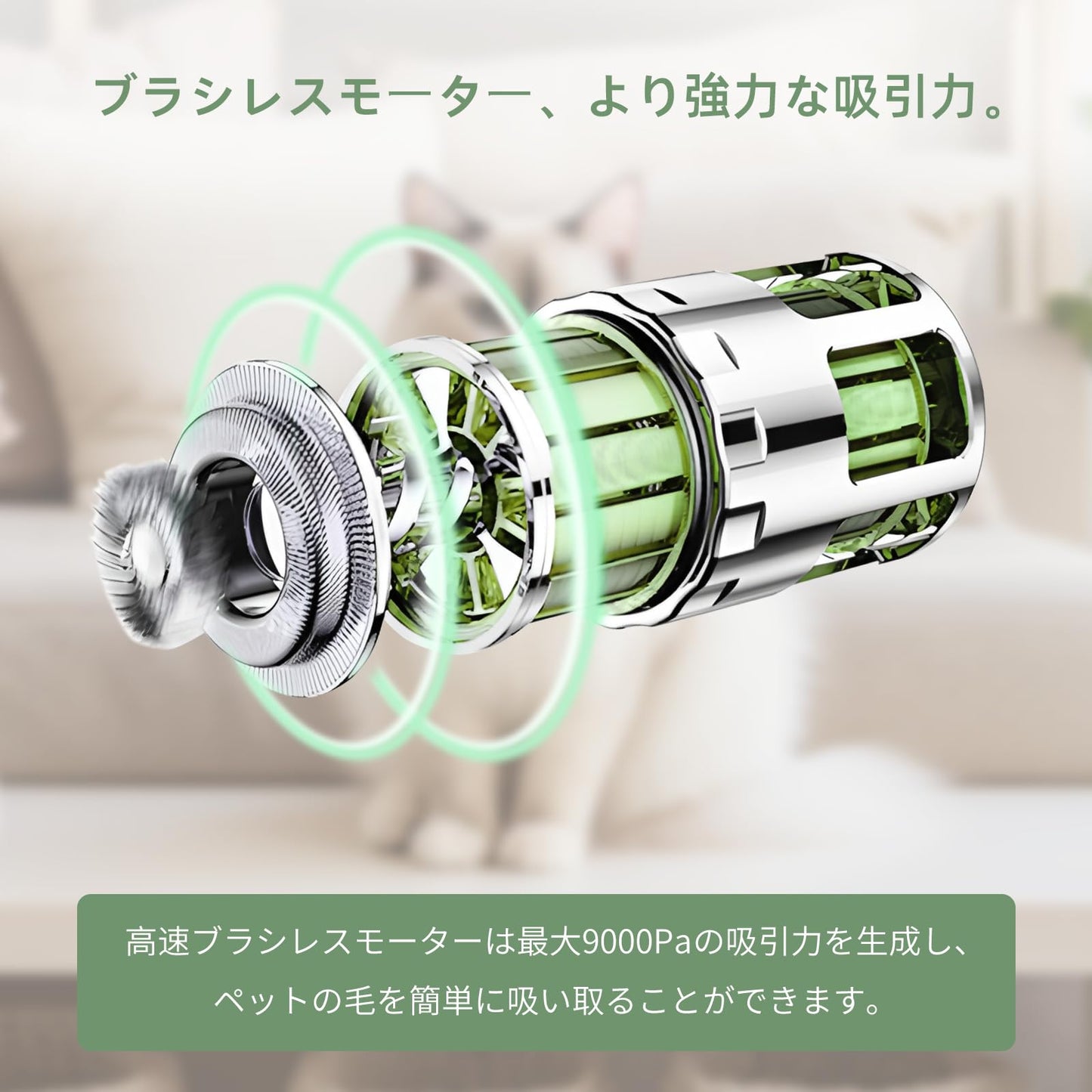ポータブルワイヤレスペットグルーミングセット 充電式 2200mAhバッテリー 犬猫用美容機器 5 in 1 多機能ペットヘア掃除機 パワフル ペット用掃除機9000Pa ペットグルーミング掃除機 N1 (Green)