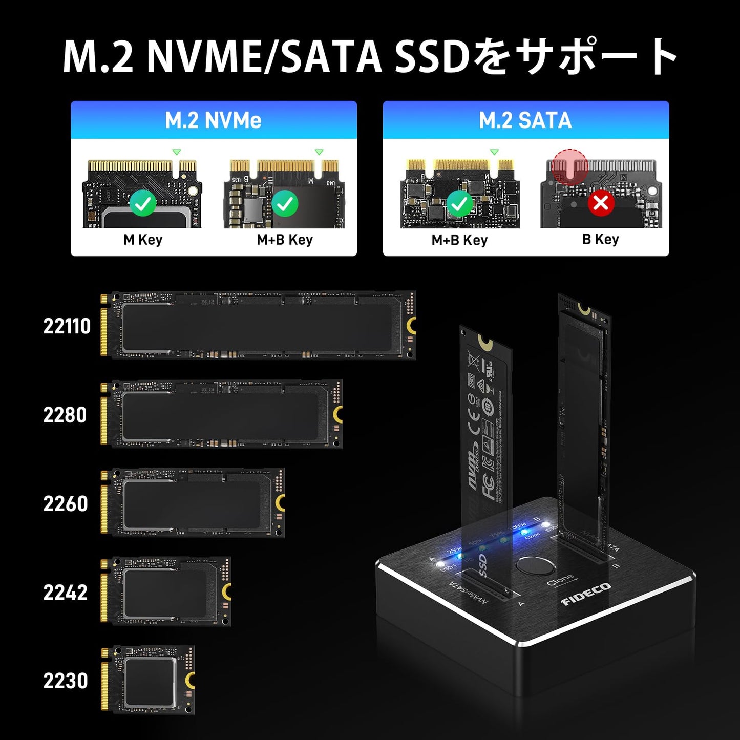 M.2 NVMe SATA SSD クローナー ドック デュアルベイ M.2 NVME SATA SSD エンクロージャ 20Gbps M.2 NVMe SATA SSD ドッキングステーション USB 3.2 Gen 2 NVMe クローン ドッキングステーション M.2 オフライン クローン UASP トリムをサポート アルミニウム設計