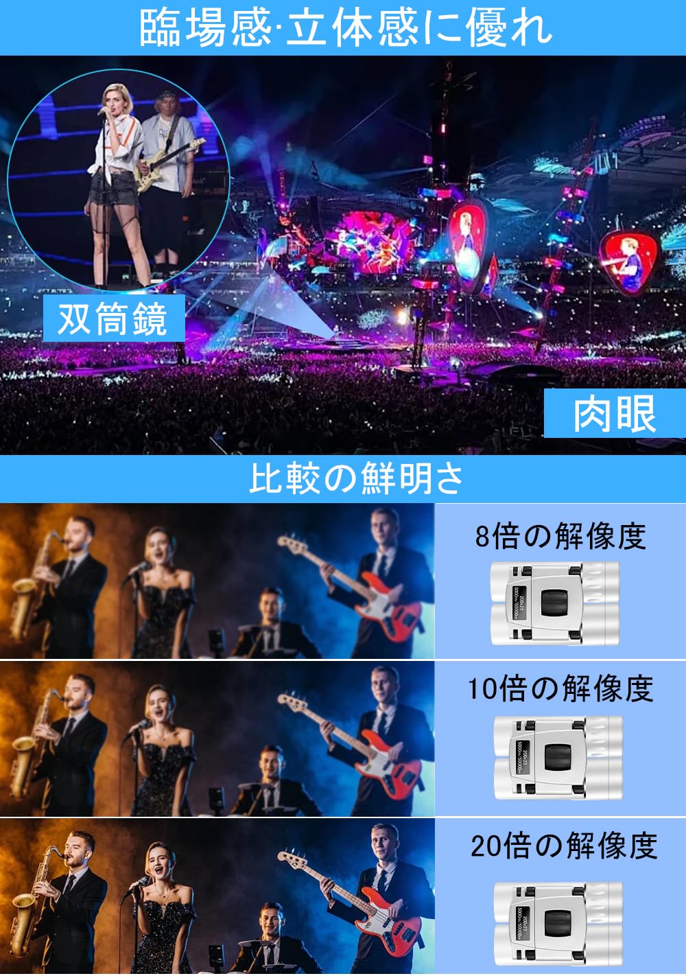双眼鏡 ライブ用 20倍 オペラグラス 観劇 倍率調整可能 双眼鏡 コンサート用 防振 軽量 小型 防水 ライブ用/コンサート/スポーツ観戦用【超軽量·お子様や女性に最適】