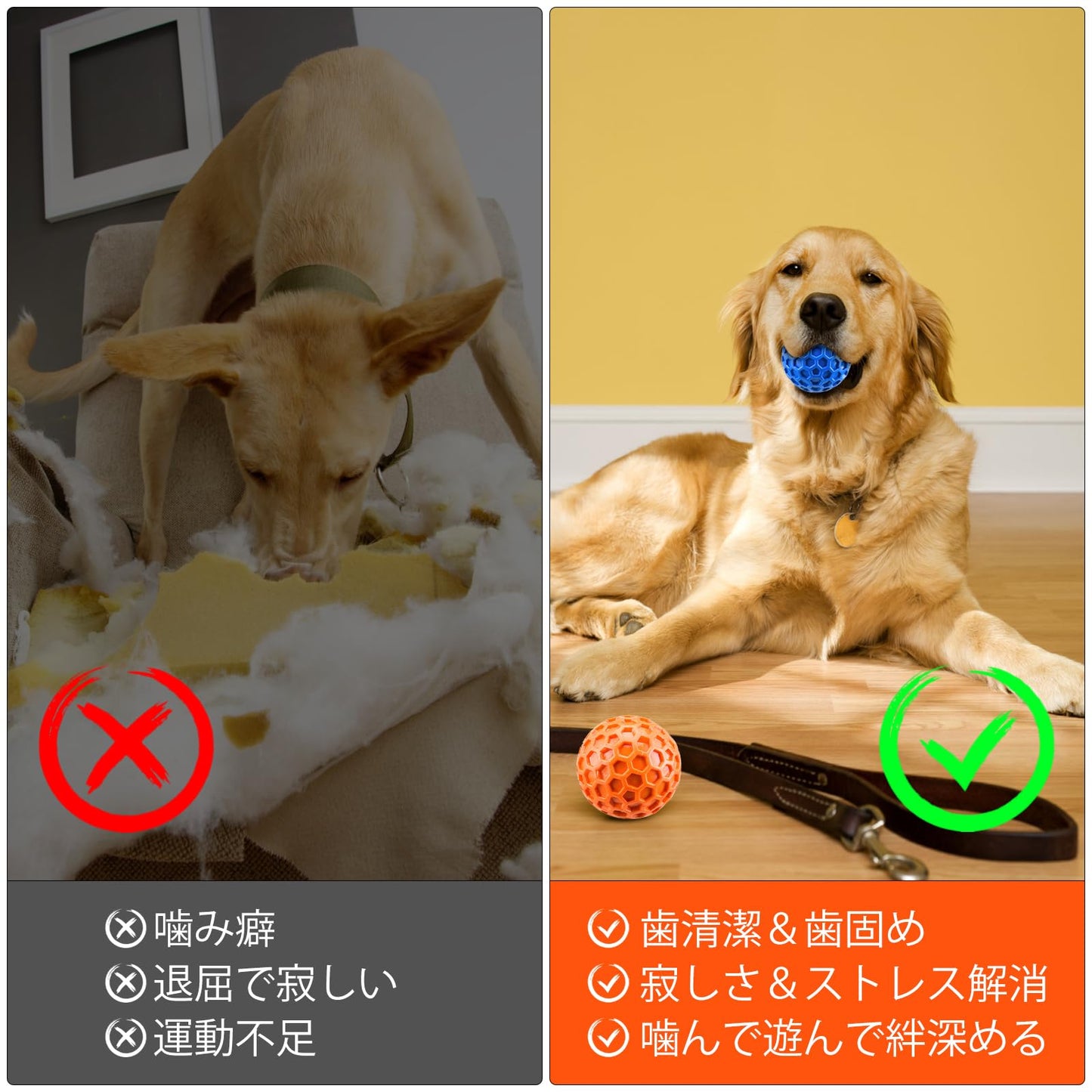 犬用ボール 噛むおもちゃ 音の出るボール 人気の知育玩具 耐久性と弾力性 天然ゴム 歯の掃除 口臭予防 運動不足解消 ストレス解消 小型犬・中型犬に最適【オレンジ×ブルー 2個セット】