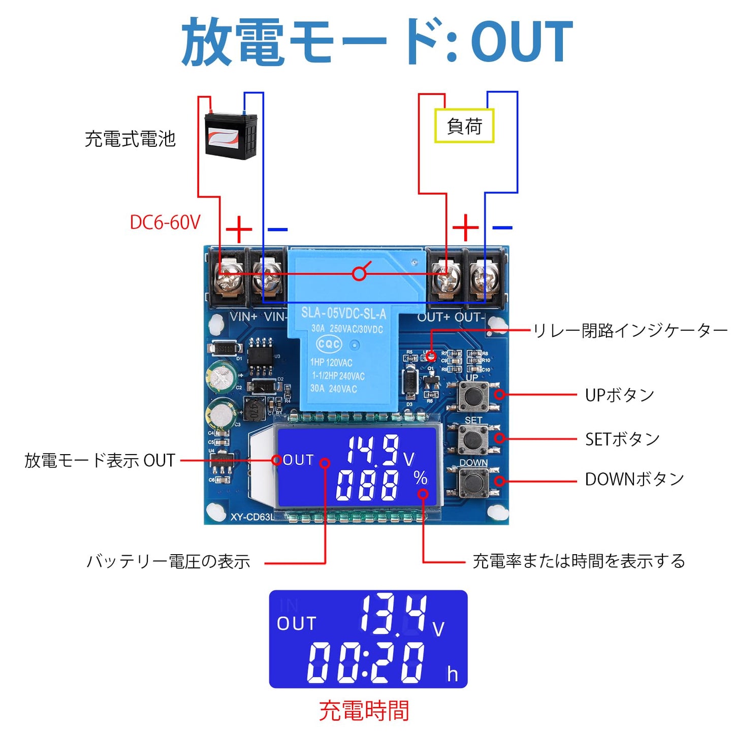 低電圧カットオフコントローラー DC 6-60V 30A 低電圧切断保護モジュール LCD ディスプレイ付き 充電放電コントローラー保護スイッチモジュール