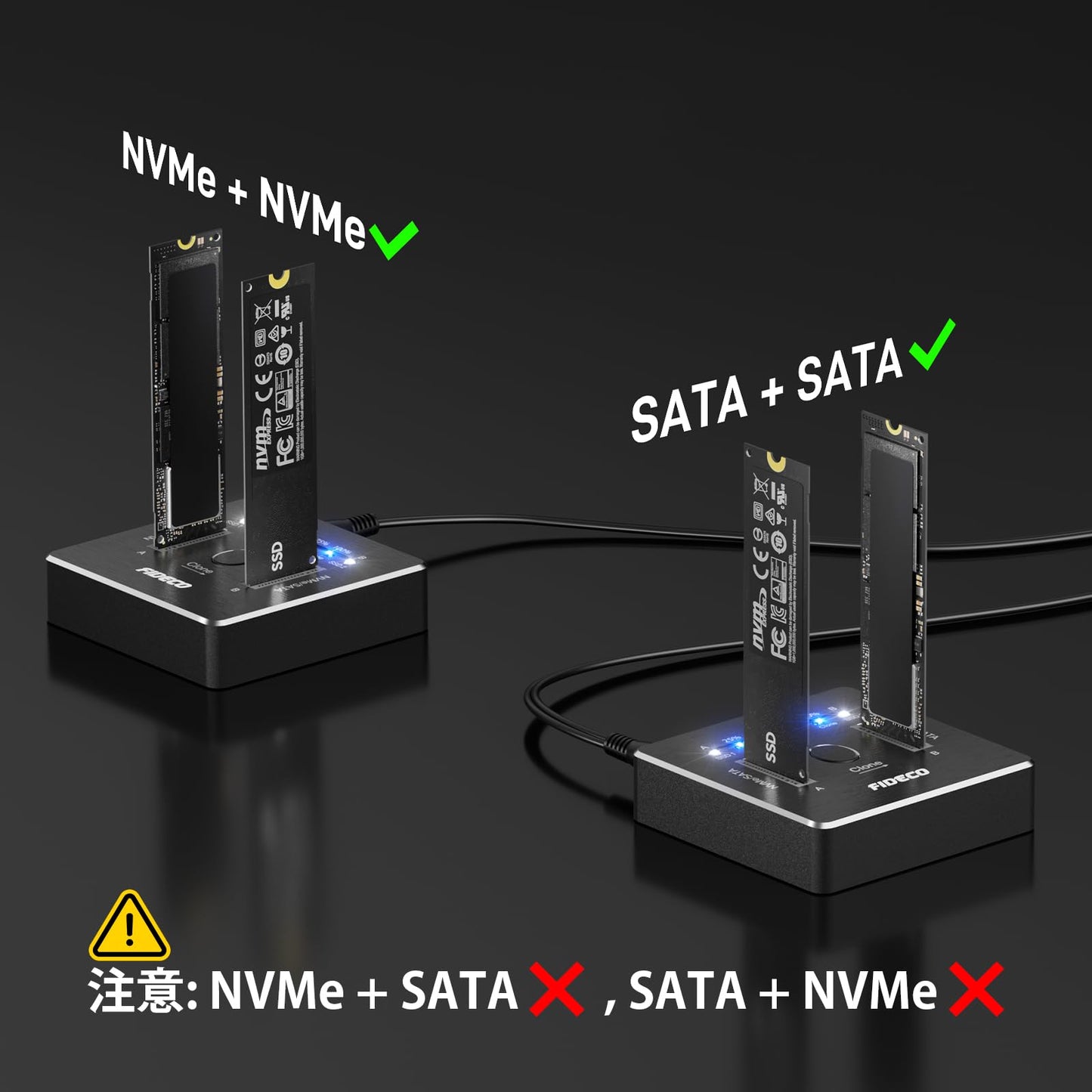 M.2 NVMe SATA SSD クローナー ドック デュアルベイ M.2 NVME SATA SSD エンクロージャ 20Gbps M.2 NVMe SATA SSD ドッキングステーション USB 3.2 Gen 2 NVMe クローン ドッキングステーション M.2 オフライン クローン UASP トリムをサポート アルミニウム設計