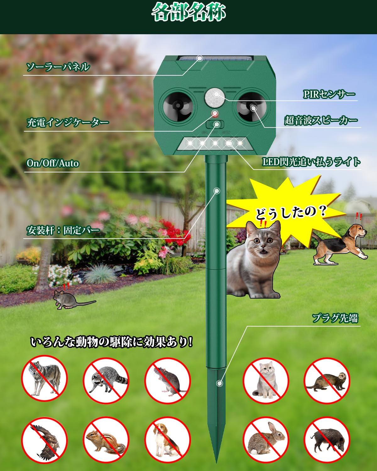 動物撃退器 Oldstar 害獣対策器 害獣対策器 猫よけ 人気 鳥よけ 犬よけ 猫避け 15m感知範囲 LED強力フラッシュライト 赤外線センサー 二つ 超音波スピーカー ソーラー充電 超長待機 IP66防水防塵 超音波害獣対策器 差し込み & 壁掛け型 の 両用