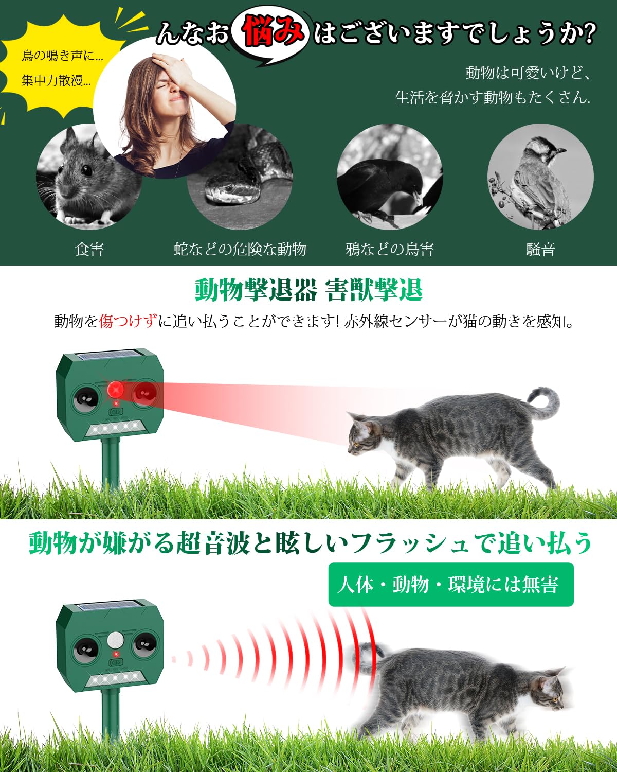 動物撃退器 Oldstar 害獣対策器 害獣対策器 猫よけ 人気 鳥よけ 犬よけ 猫避け 15m感知範囲 LED強力フラッシュライト 赤外線センサー 二つ 超音波スピーカー ソーラー充電 超長待機 IP66防水防塵 超音波害獣対策器 差し込み & 壁掛け型 の 両用