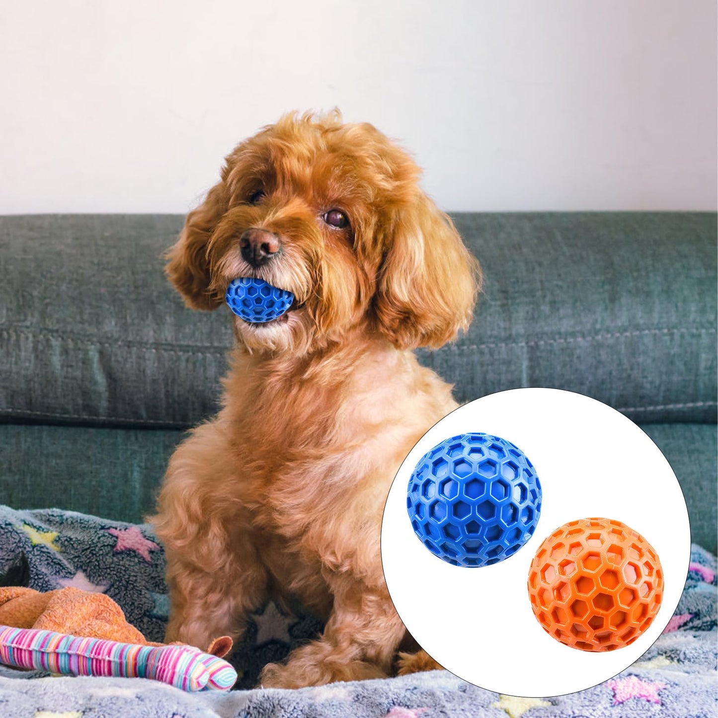 犬用ボール 噛むおもちゃ 音の出るボール 人気の知育玩具 耐久性と弾力性 天然ゴム 歯の掃除 口臭予防 運動不足解消 ストレス解消 小型犬・中型犬に最適【オレンジ×ブルー 2個セット】