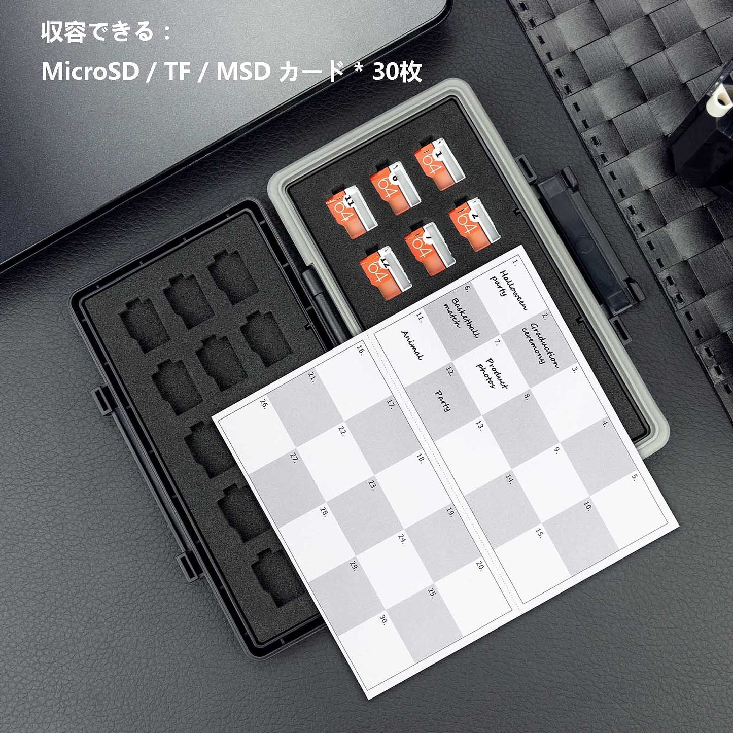 大容量 30 スロット MicroSD/MSD カードケース 耐衝撃 防塵 防湿 カード整理番号付き メモリーカードケース