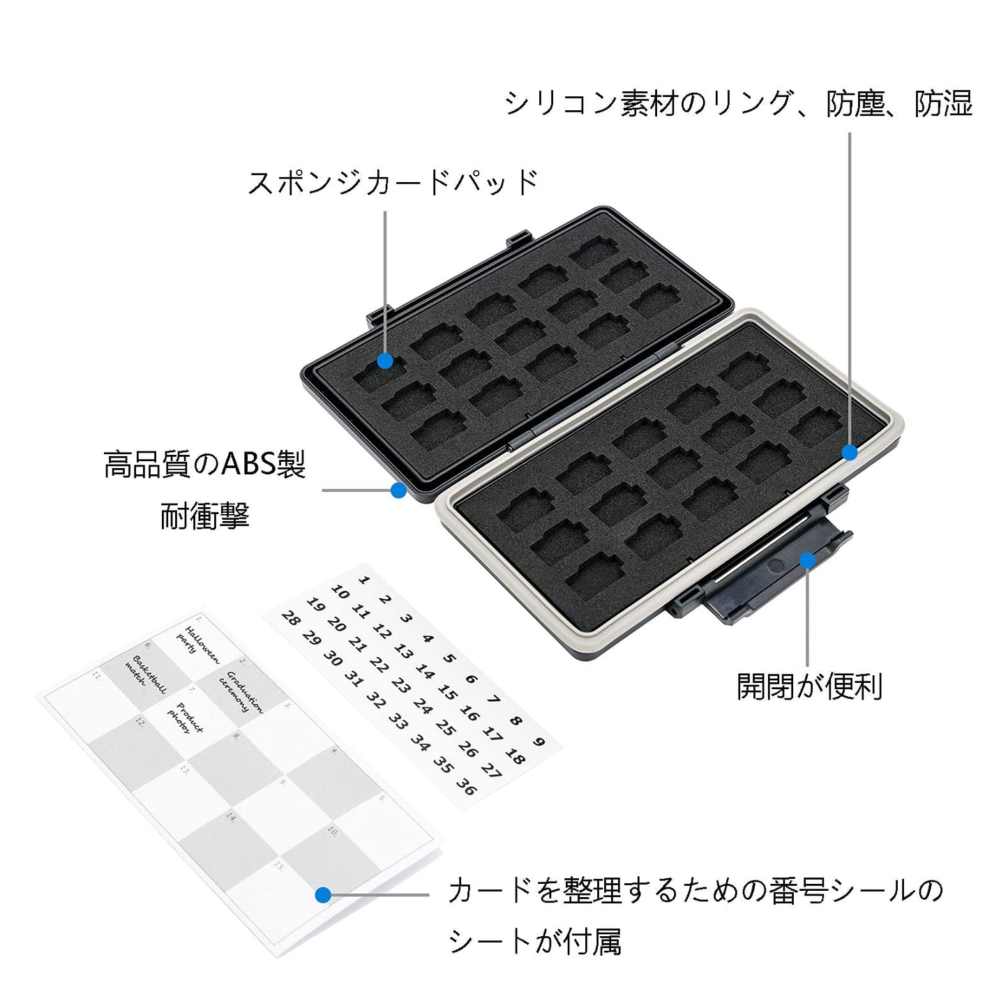 大容量 30 スロット MicroSD/MSD カードケース 耐衝撃 防塵 防湿 カード整理番号付き メモリーカードケース