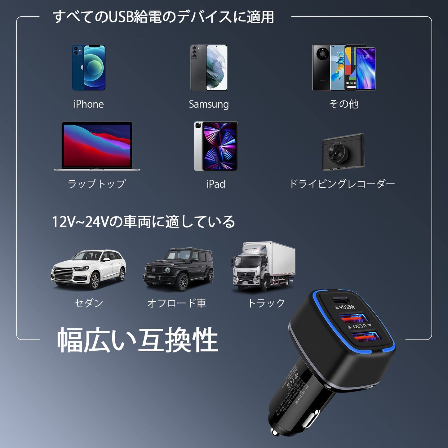 シガーソケット USB 車 充電器 3ポート カーチャージャー 【56W/PD&QC3.0対応/急速充電/USB-C&2USB-A】 車 USB シガーソケット シガレット USB 12V/24V車対応 iPhone 16e/16シリーズ、Galaxy S21、iPad Pro/Mini/Air、Pixel 7、Xperia 10 II その他 Android対応(ブラック)