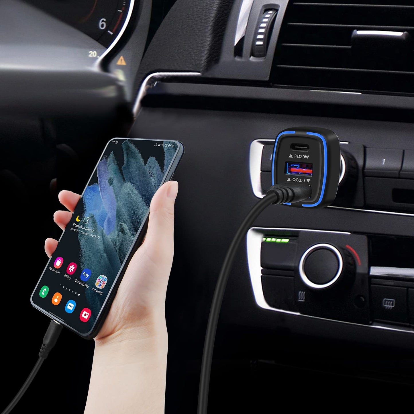 シガーソケット USB 車 充電器 3ポート カーチャージャー 【56W/PD&QC3.0対応/急速充電/USB-C&2USB-A】 車 USB シガーソケット シガレット USB 12V/24V車対応 iPhone 16e/16シリーズ、Galaxy S21、iPad Pro/Mini/Air、Pixel 7、Xperia 10 II その他 Android対応(ブラック)