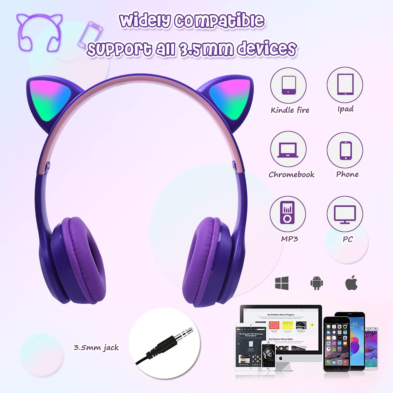 子供用ヘッドホン無線/有線ヘッドホン 85 dB安全音量制限 マイク付き 猫耳LEDライトデザイン Bluetooth5.0/ワイヤ長 1m TFカード挿入可能 サイズ調節可能 学校/タブレット/旅行/ MP3