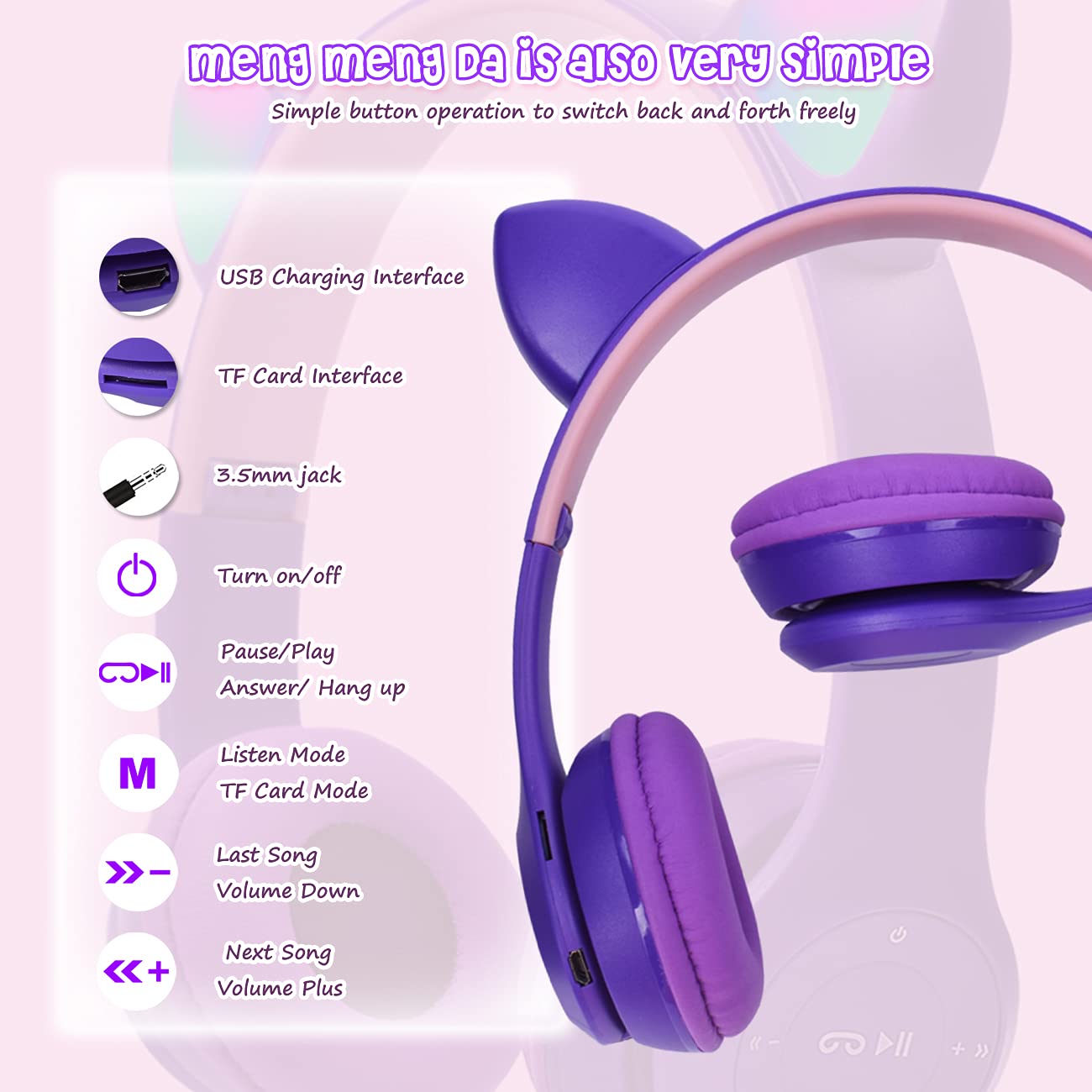 子供用ヘッドホン無線/有線ヘッドホン 85 dB安全音量制限 マイク付き 猫耳LEDライトデザイン Bluetooth5.0/ワイヤ長 1m TFカード挿入可能 サイズ調節可能 学校/タブレット/旅行/ MP3