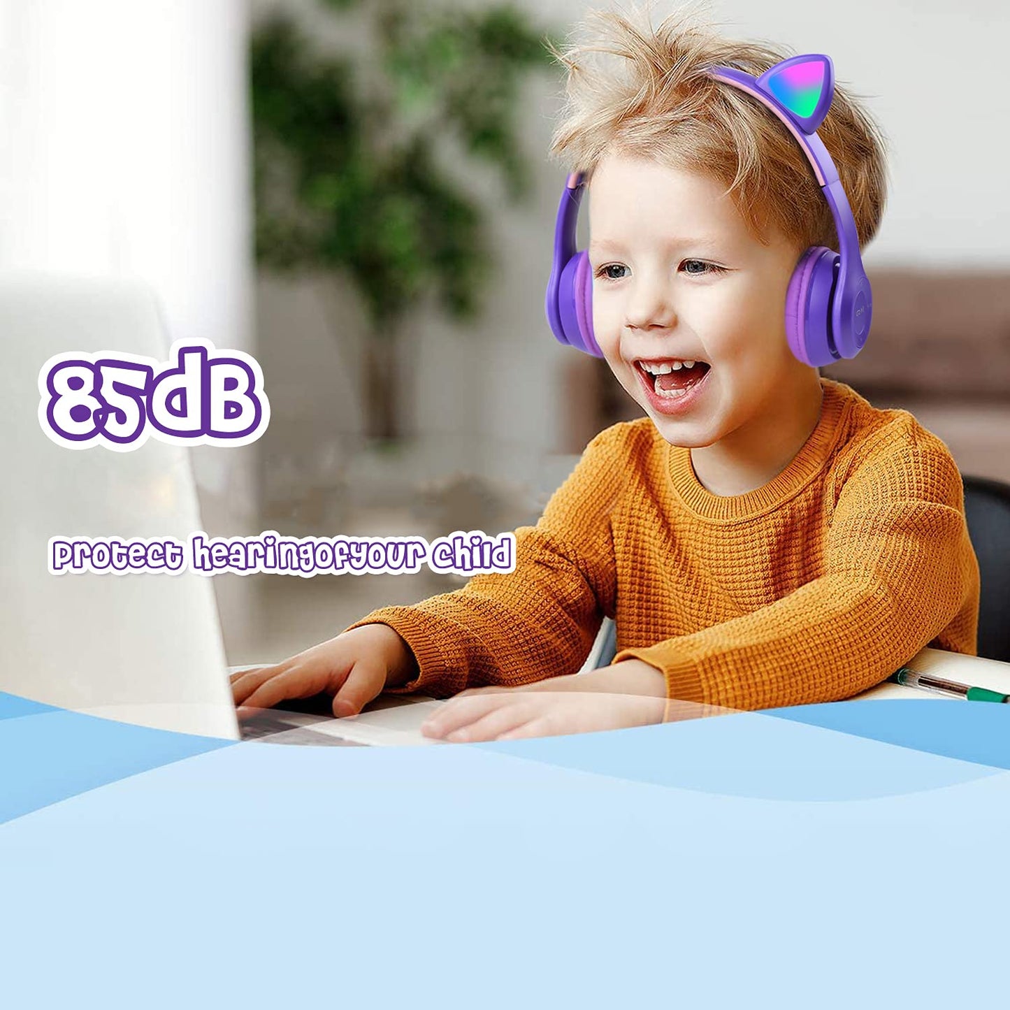 子供用ヘッドホン無線/有線ヘッドホン 85 dB安全音量制限 マイク付き 猫耳LEDライトデザイン Bluetooth5.0/ワイヤ長 1m TFカード挿入可能 サイズ調節可能 学校/タブレット/旅行/ MP3