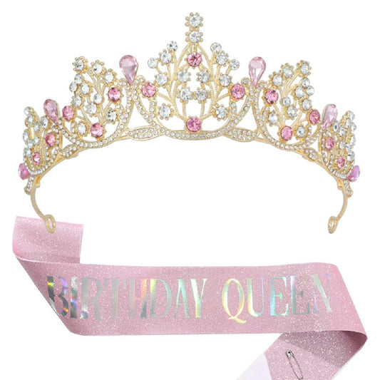 誕生日 王冠 たすき 2点セット BIRTHDAY QUEEN キラキラ 女の子 バースデー飾り ラインストーン クラウン ティアラ 姫系 ヘアフープ 誕生日カチューシャ 記念写真 成人式 パーティー用品