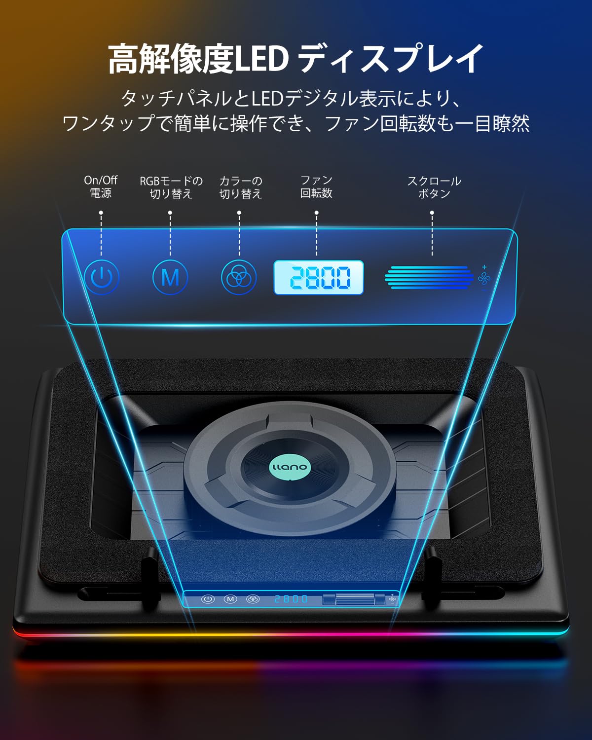 「2024年新時流・特許取得済」llano ノートパソコン 冷却パッド 冷却ファン 冷却台 (ターボブースト技術/空冷式冷却/無段階風量調整/RGBライト/3 in 1 USBハブ/LED ディスプレイ)【90秒急速冷却/14cm大口径遠心ファン/360°全方位送風/高さ調節可】 15-19インチに対応 ノートPCクーラー オフィス/在宅勤務/出張などに適用 (ブラック, ハブ+RGB)
