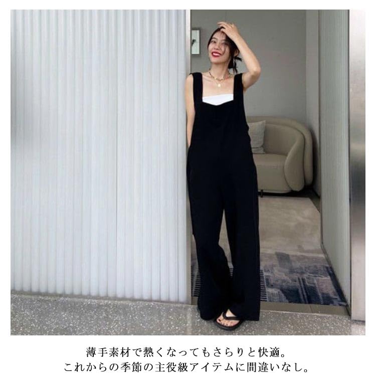 オールインワン サロペット レディース ワイド 春 薄手 夏 ストレート オーバーオール ロンパース コンビネゾン とろみ 韓国ファッション おしゃれ スリット入り 20代 30代 40代