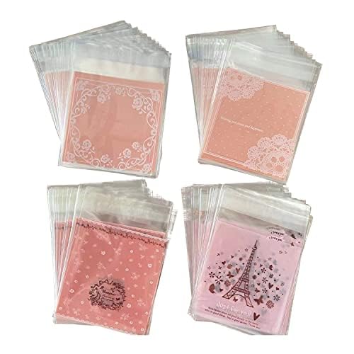 自粘着バッグ 200pcs 小分け袋 10*11+3cm 厚手半透明袋 ギフトバッグ DIY 手作り袋 ジュエリー袋 可愛いお洒落ポーチ ラッピングポーチ アクセサリー収納 小物入れプラスチックバッグ (4カラ-200pcs)