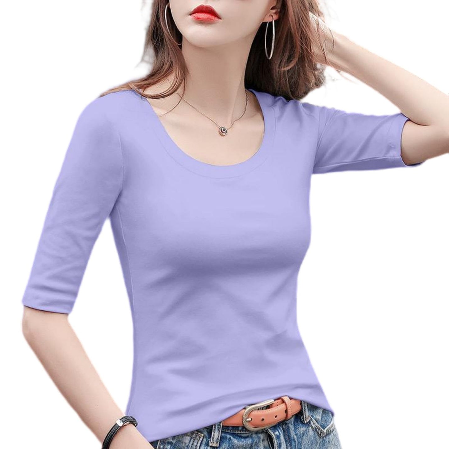 5分袖Tシャツ Tシャツ カットソー Uネック 春秋 夏 ストレッチ レディース トップス 綿 コットン 5分袖 タイト tシャツ 無地 スリム インナー シンプル カジュアル